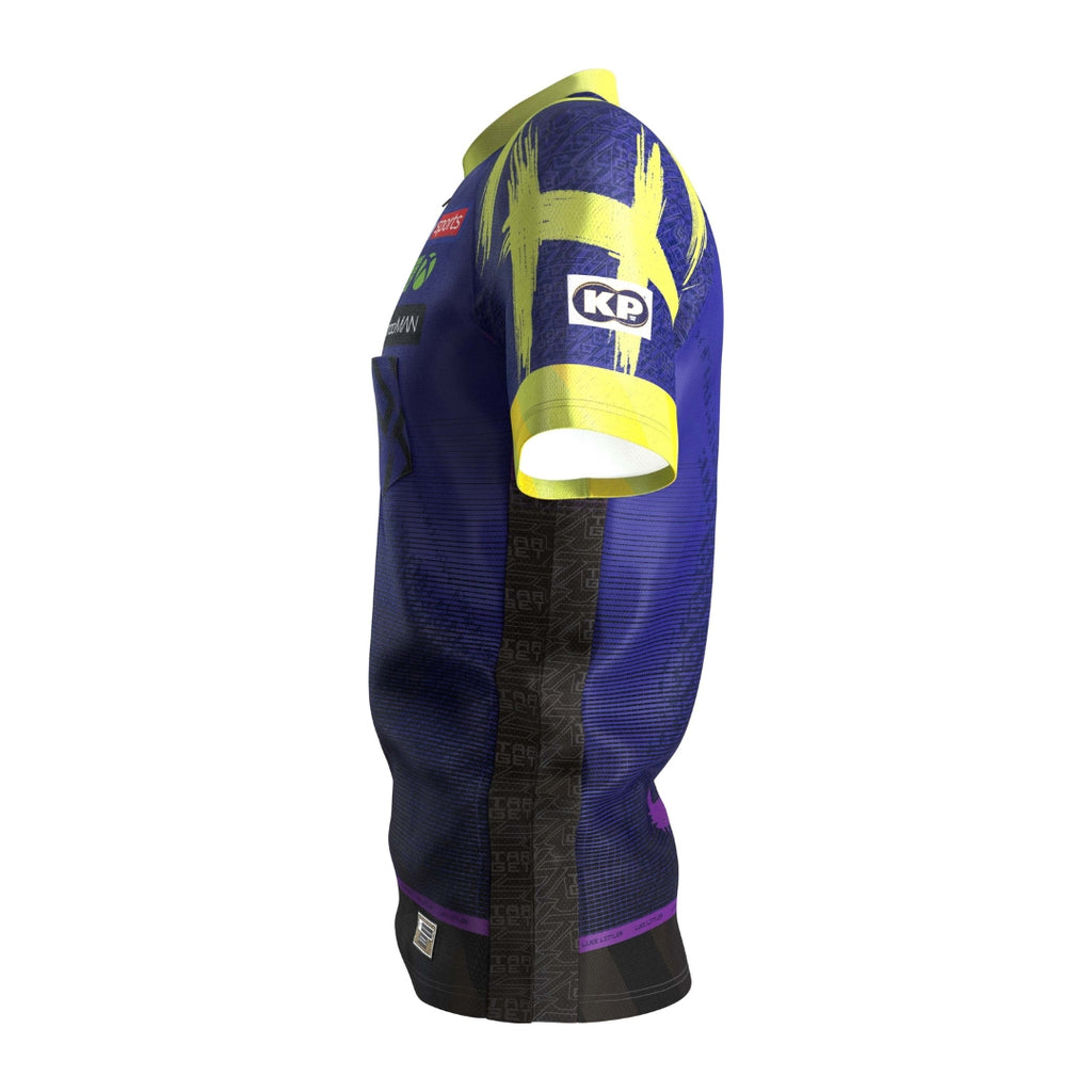 The Luke Littler 2026 Playing Shirt by Professional Darts Corporation is a blue, purple, and black jersey with yellow trim and brushstroke designs, sponsor logos, and a side view inspired by the PDC World Darts Champion's style.