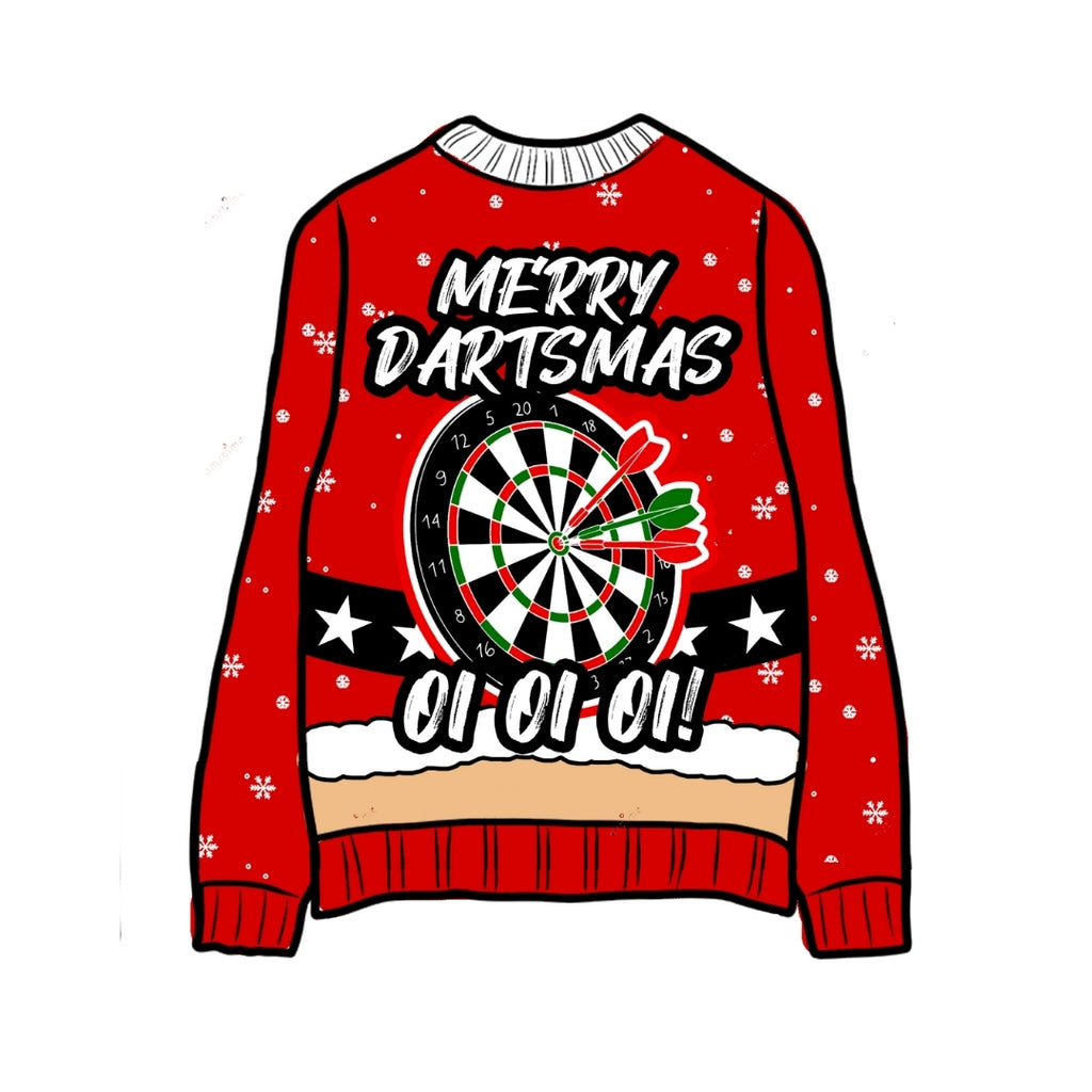 The Professional Darts Corporation PDC Santa Jumper 2 is a red Christmas sweater featuring a dartboard, darts, snowflakes, and Merry DartSmas Oi Oi Oi! in white and black letters.