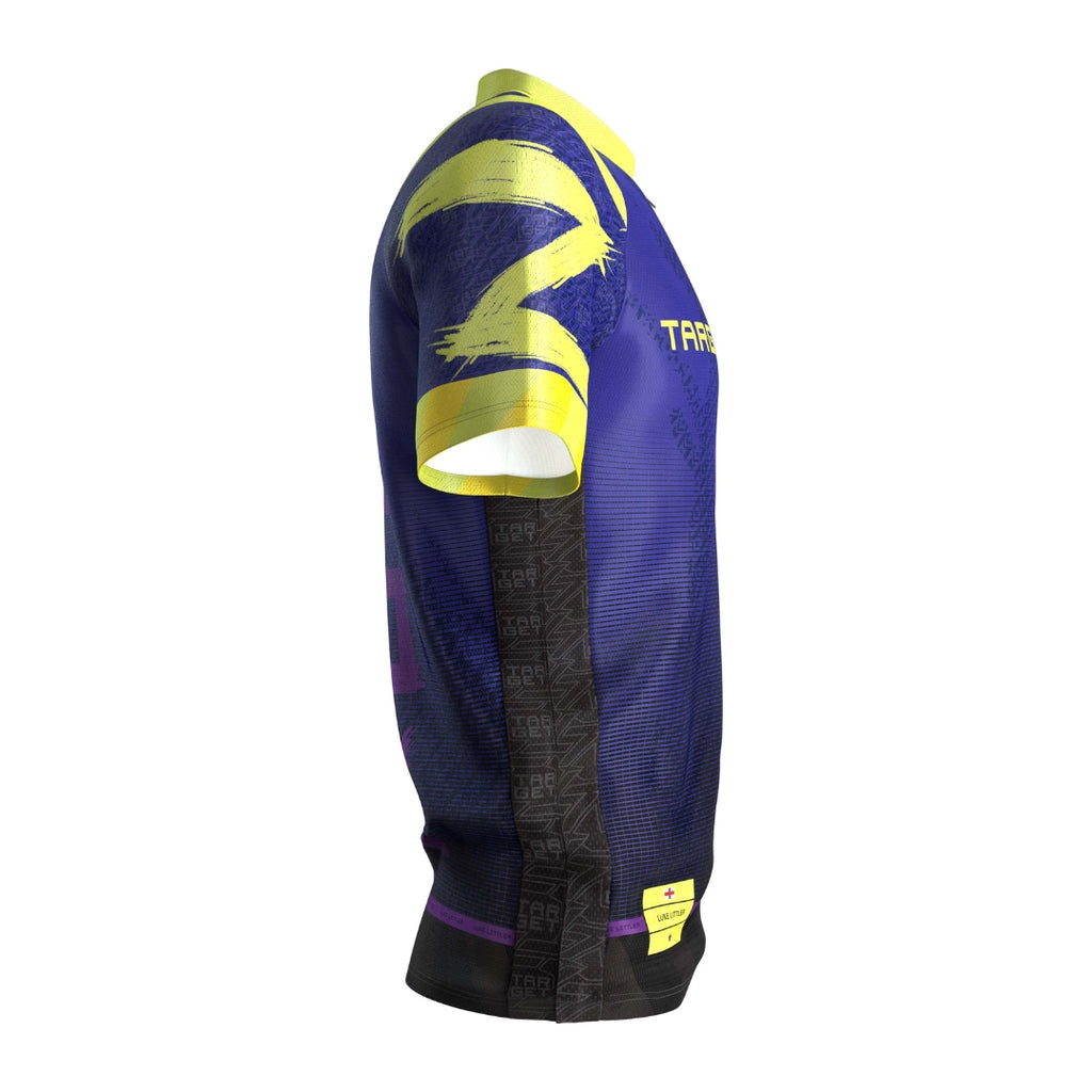 Side view of the Luke Littler 2026 Playing Shirt by Professional Darts Corporation: short sleeves, blue and black gradient, yellow collar and trim, abstract yellow patterns, graphic text on sleeve/lower side—perfect for PDC World Darts Champions.