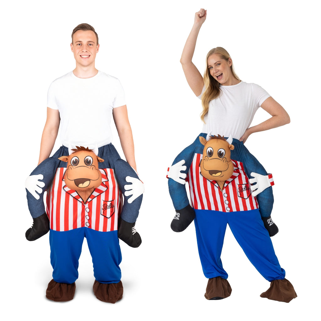 Two people in white shirts and blue pants wear the Professional Darts Corporation Bullseye Ride on Bully Costume, which makes it appear as though they're being carried on the shoulders of a cartoonish horse in a red and white striped shirt and blue pants.