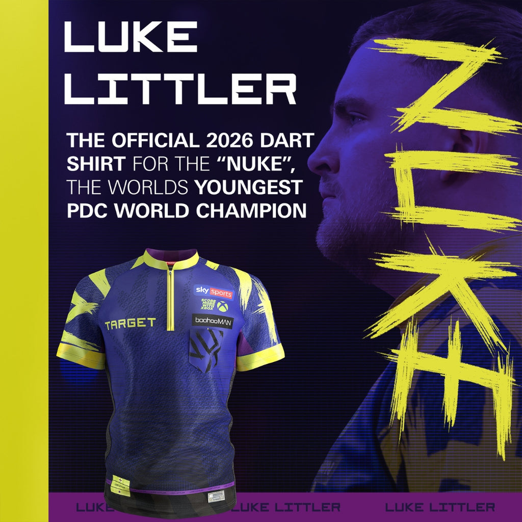 A promo image for the Luke Littler 2026 Playing Shirt by Professional Darts Corporation shows his side profile, the new shirt design, and text hailing him as the youngest PDC World Darts Champion, nicknamed "Nuke.