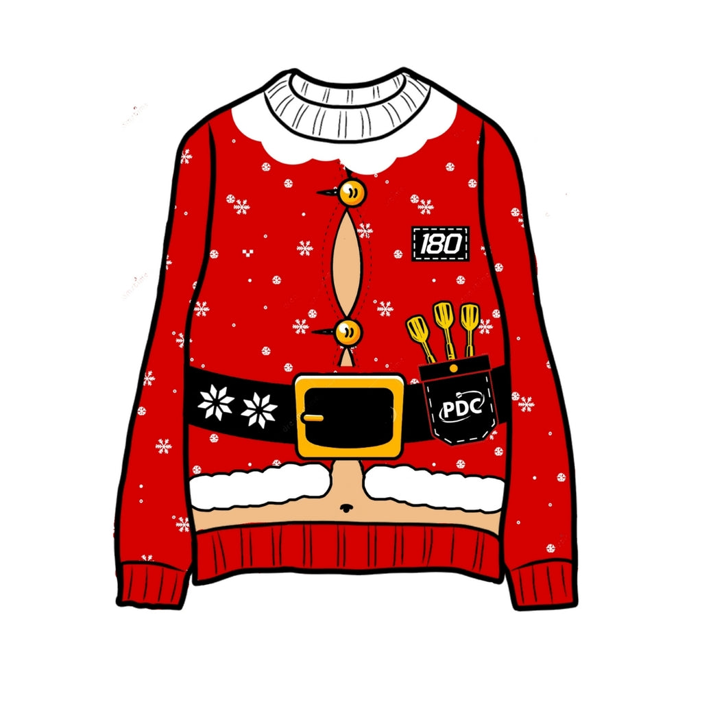 The PDC Santa Jumper 2 by Professional Darts Corporation is a red Christmas sweater styled like Santa’s suit, with a belt, snowflakes, darts in a pocket labeled PDC, a 180 patch, and Santa’s belly button peeking from an open button.
