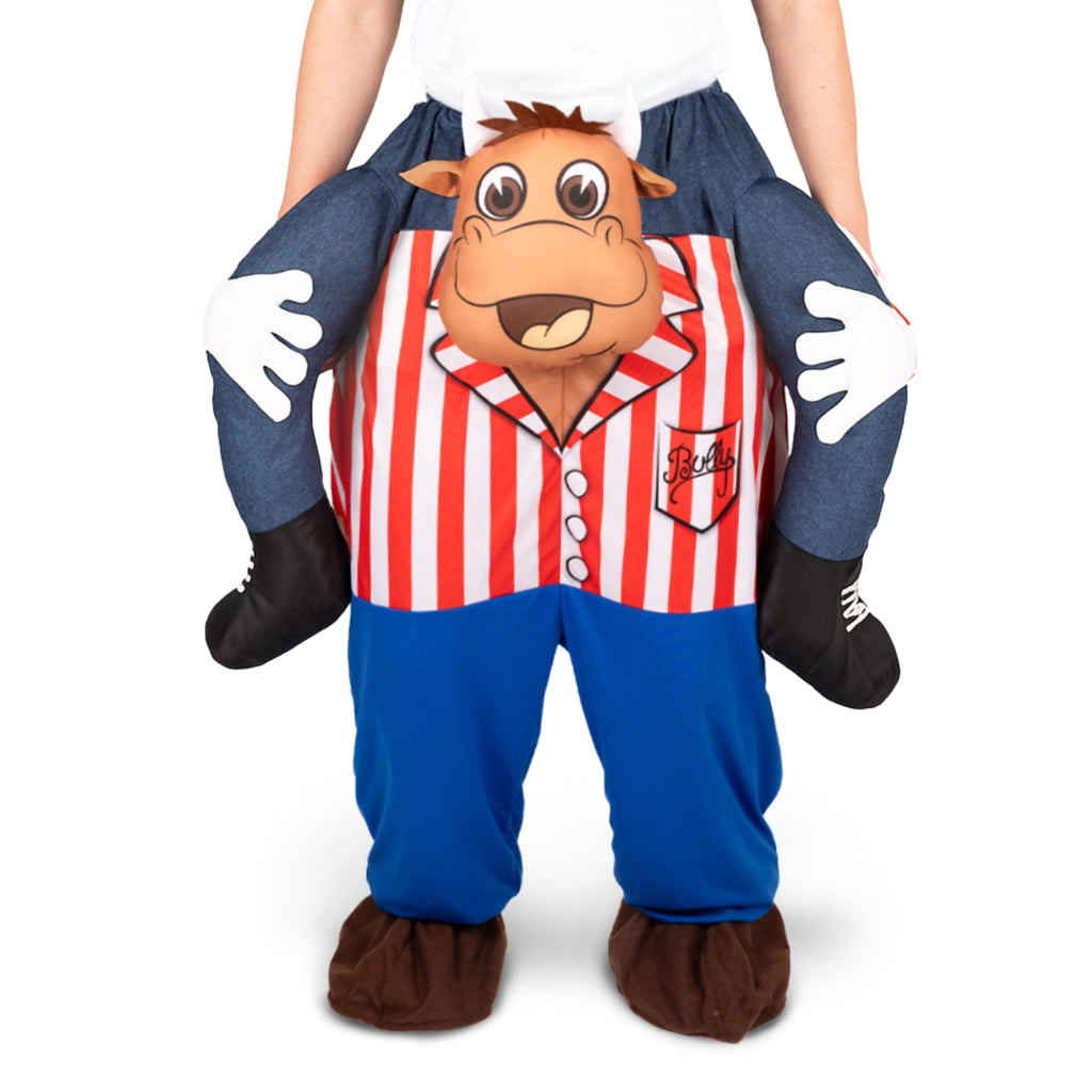 A person wears the Bullseye Ride on Bully Costume by Professional Darts Corporation, designed to look like they're being carried by a cartoon bull in a red-and-white striped shirt and blue pants—perfect for a Ride-On Fancy Dress look.