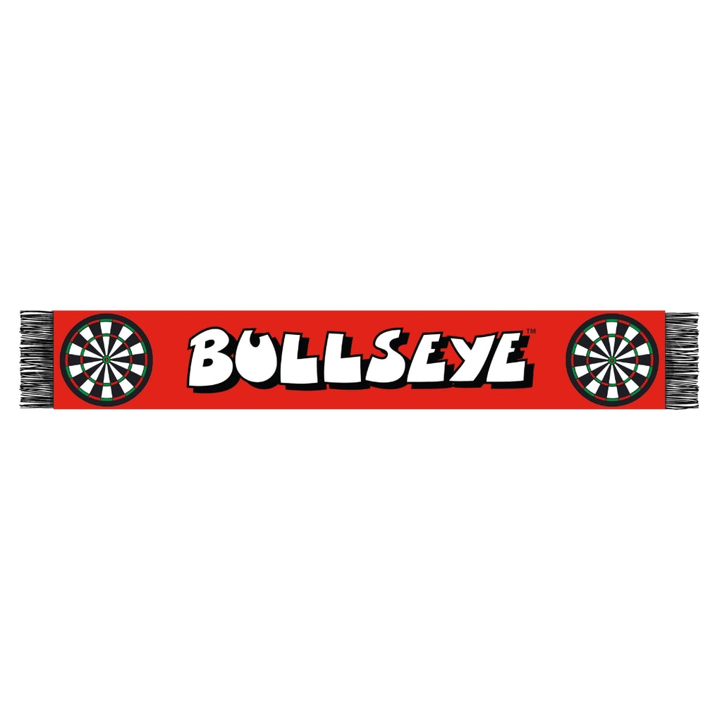 The Professional Darts Corporation Bullseye Scarf is red with black and white fringe, two dartboards at each end, and BULLSEYE in bold white letters with black outlines across the center.