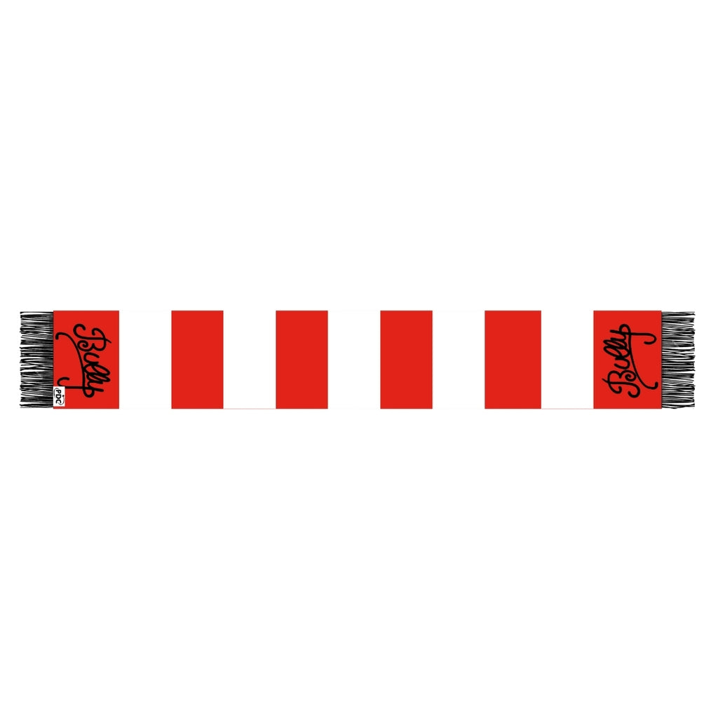The Professional Darts Corporation Bullseye Scarf features alternating red and white vertical stripes, black fringe at both ends, and Kelly in black cursive on a red background at each end.