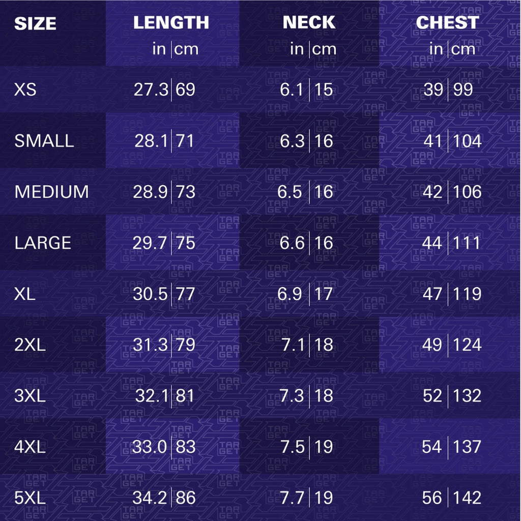 A size chart for the Luke Littler 2026 Playing Shirt by Professional Darts Corporation, showing XS–5XL with length, neck, and chest in inches/cm. The chart has a purple background with light text—ideal for any PDC World Darts Champion fan.