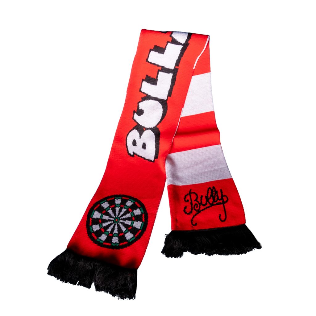 The Professional Darts Corporation Bullseye Scarf is red and white with black tassels, featuring "BULLY," a dartboard graphic, and Bully in signature-style text.