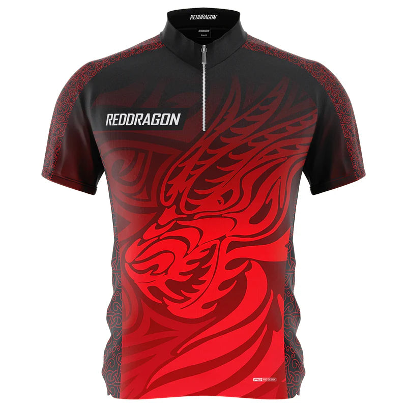 The Jonny Clayton 50 Year Player Edition Shirt by Professional Darts Corporation is a black short-sleeve jersey with red tribal dragon graphics, front zipper, and "REDDRAGON" in white on the left chest—a limited edition design.