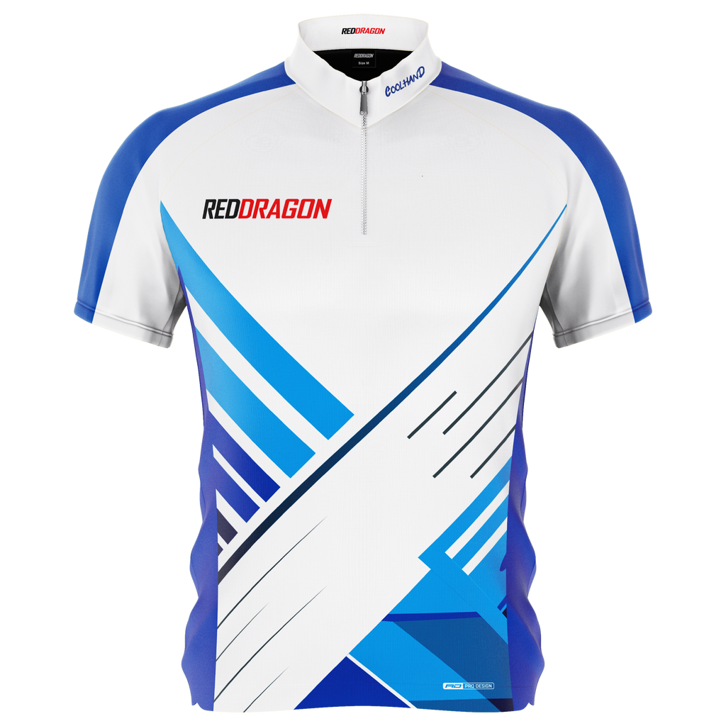 The Luke Humphries 50 Year Player Edition Shirt by Professional Darts Corporation is a white and blue jersey with bold geometric blue patterns, a short front zipper, and the logo on the collar for exclusive style.
