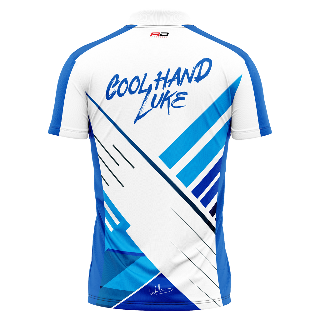 The Professional Darts Corporation’s Luke Humphries 50 Year Player Edition Shirt is a blue and white short-sleeve jersey with COOL HAND LUKE in bold blue on the back, plus dynamic diagonal lines—perfect for fans and collectors.