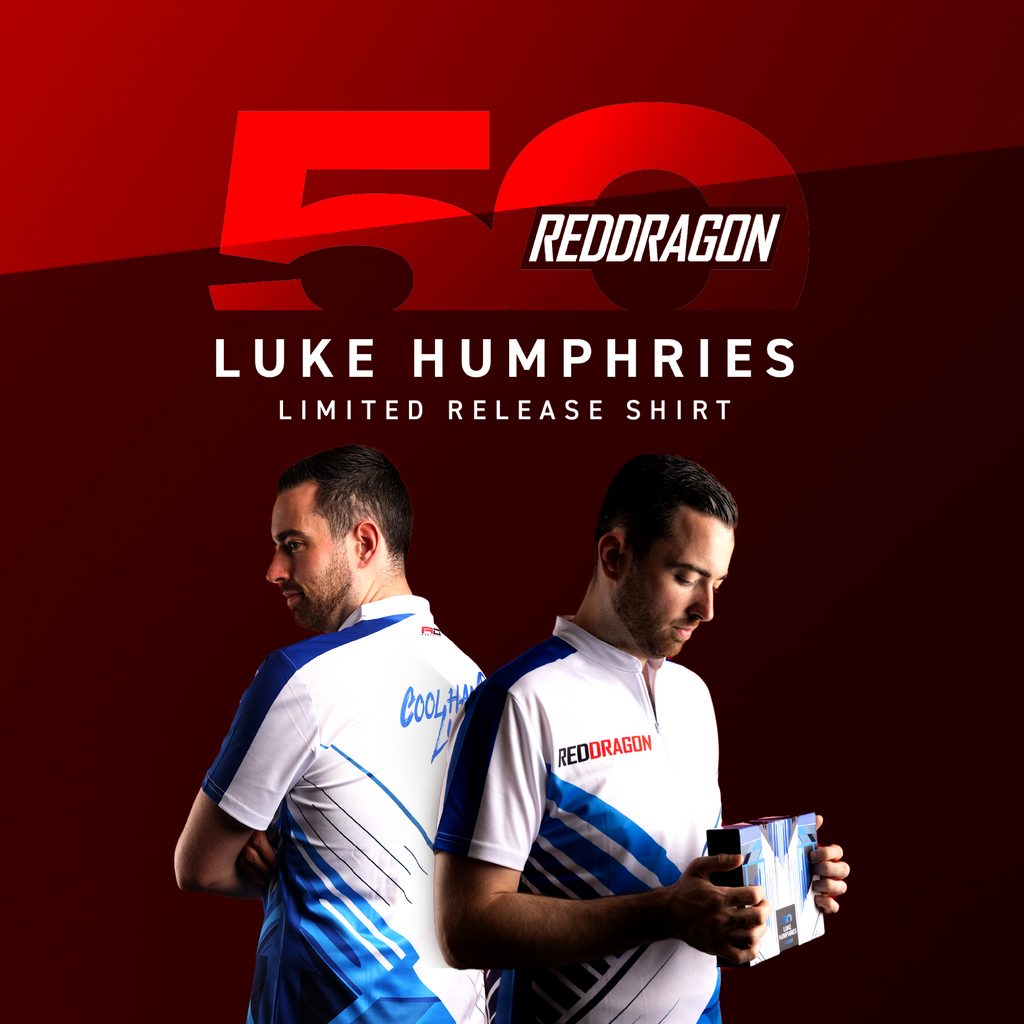 Two men in white and blue sports shirts, one holding a box, the other with arms crossed. Shirts read RedDragon and Cool Hand. Text above: Luke Humphries 50 Year Player Edition Shirt by Professional Darts Corporation.
