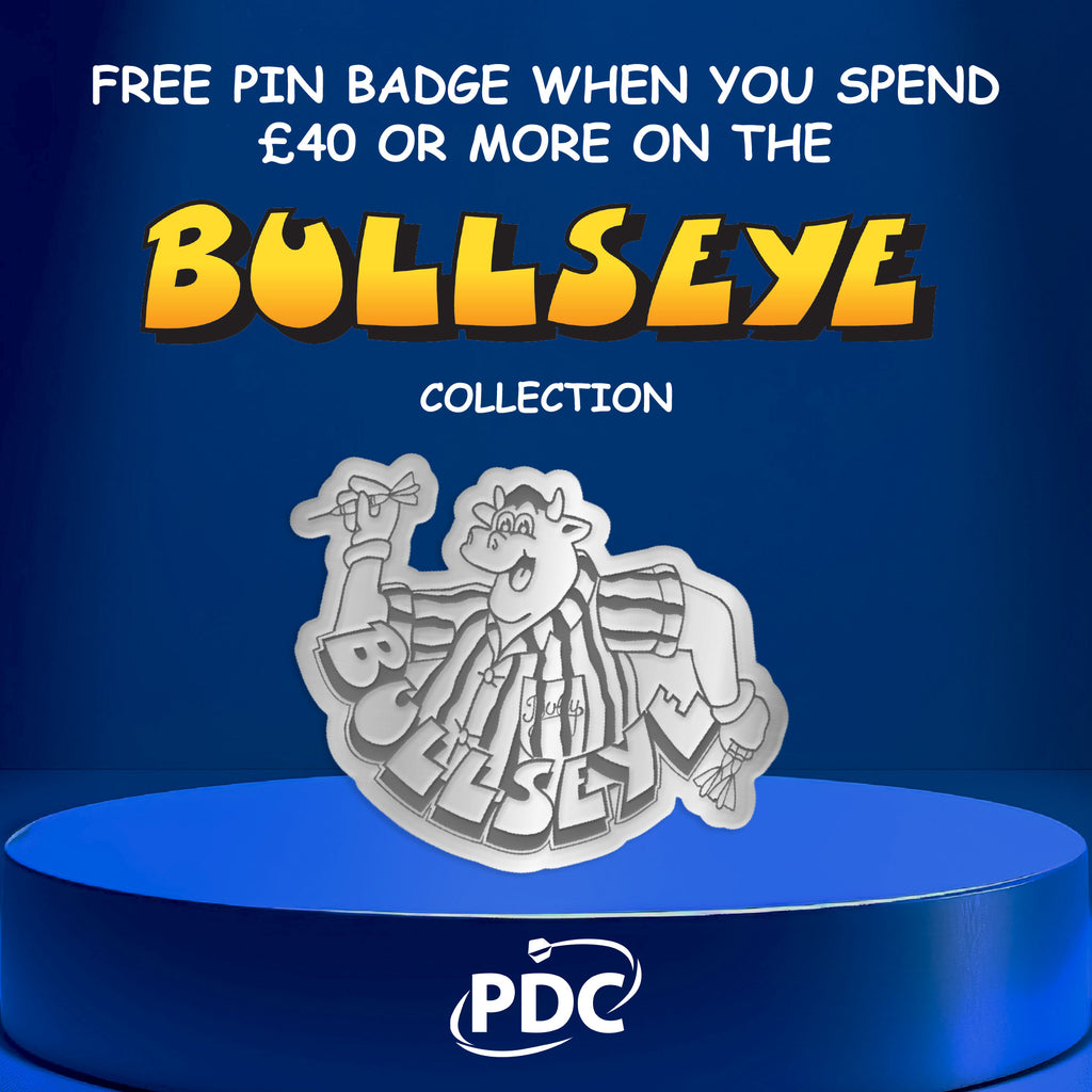 A Bullseye Christmas Jumper from the Professional Darts Corporation is displayed on a blue platform. Text above reads: Free offer—get this jumper when you spend £40 or more on the Bullseye Collection. PDC logo at bottom.