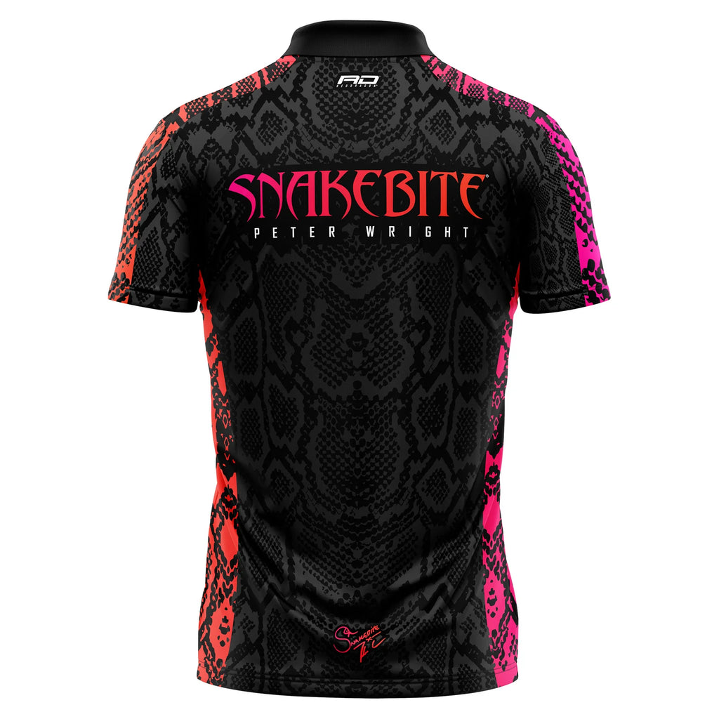 Back view of the Peter Wright 50 Year Player Edition Shirt by Professional Darts Corporation. This short-sleeve black shirt features a bold pink and orange snake skin pattern and "SNAKEBITE Peter Wright" text on the upper back.
