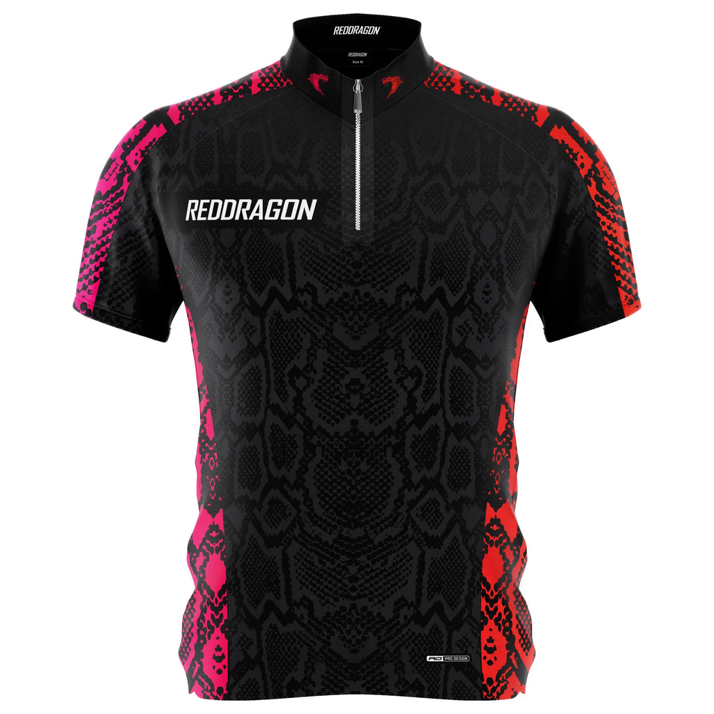 The Peter Wright 50 Year Player Edition Shirt by Professional Darts Corporation is a short-sleeve black jersey with red and pink snakeskin shoulders and sides, bold REDDRAGON text on the left chest, and a short front zipper.