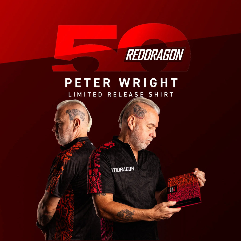 Two images of a man with short grey hair and tattoos in a black and red Peter Wright 50 Year Player Edition Shirt by Professional Darts Corporation, holding a red patterned box. Text above: 50-Year commemorative dart shirt.