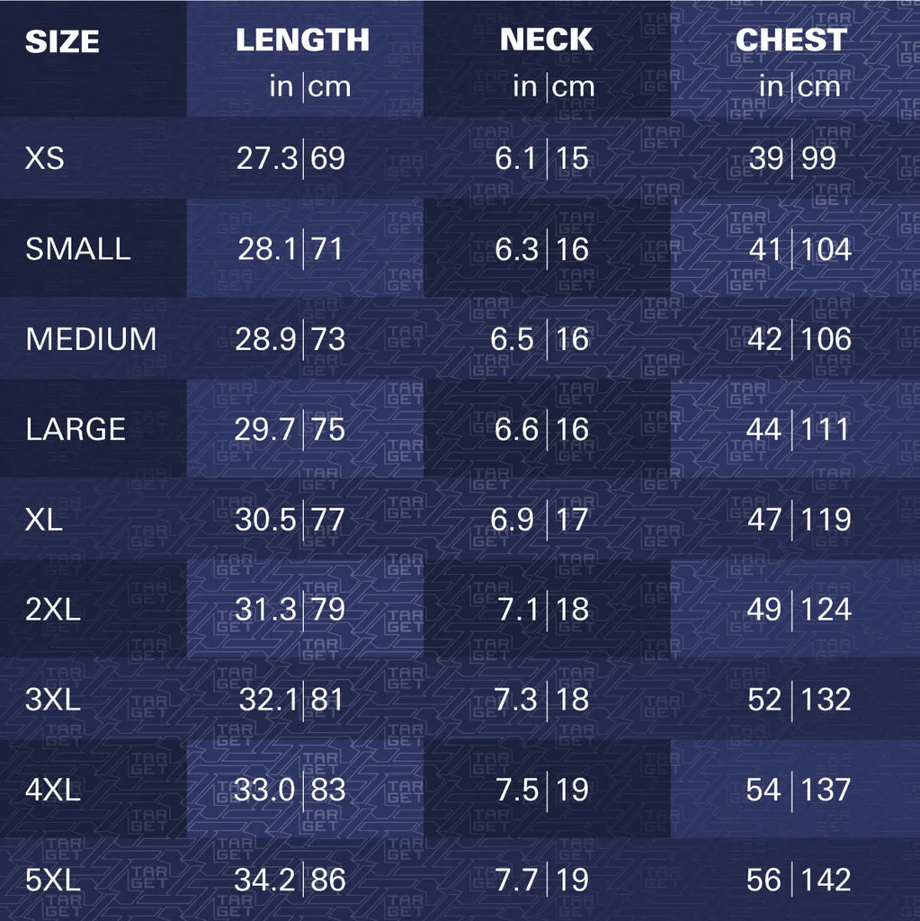 A size chart for the Professional Darts Corporation Josh Rock 24/25 Playing Shirt and other dart shirts lists XS–5XL with length, neck, and chest measurements in inches/cm—perfect for PDC Dutch Darts Championship fans.