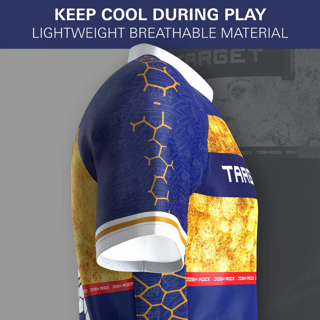 A close-up of the Josh Rock 24/25 Playing Shirt by Professional Darts Corporation, showing blue and yellow hexagons, TARGET text, and KEEP COOL DURING PLAY—a lightweight, breathable choice for PDC Dutch Darts Championship fans.